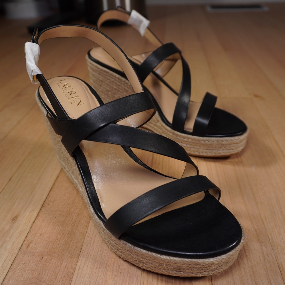Lauren Ralph Lauren Haleigh Sandal Black Size 10 B Burnished Calf Brand New